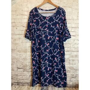 Kim Rogers T-Shirt Dress Womens XL Navy Blue American Flags Midi Stretch Ruffles